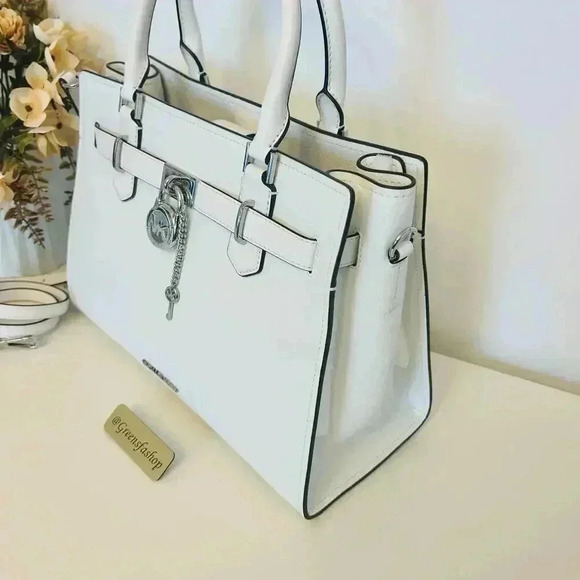 Michael Kors Purse Hamilton Medium Leather Satchel Optic white - Picture 3 of 9